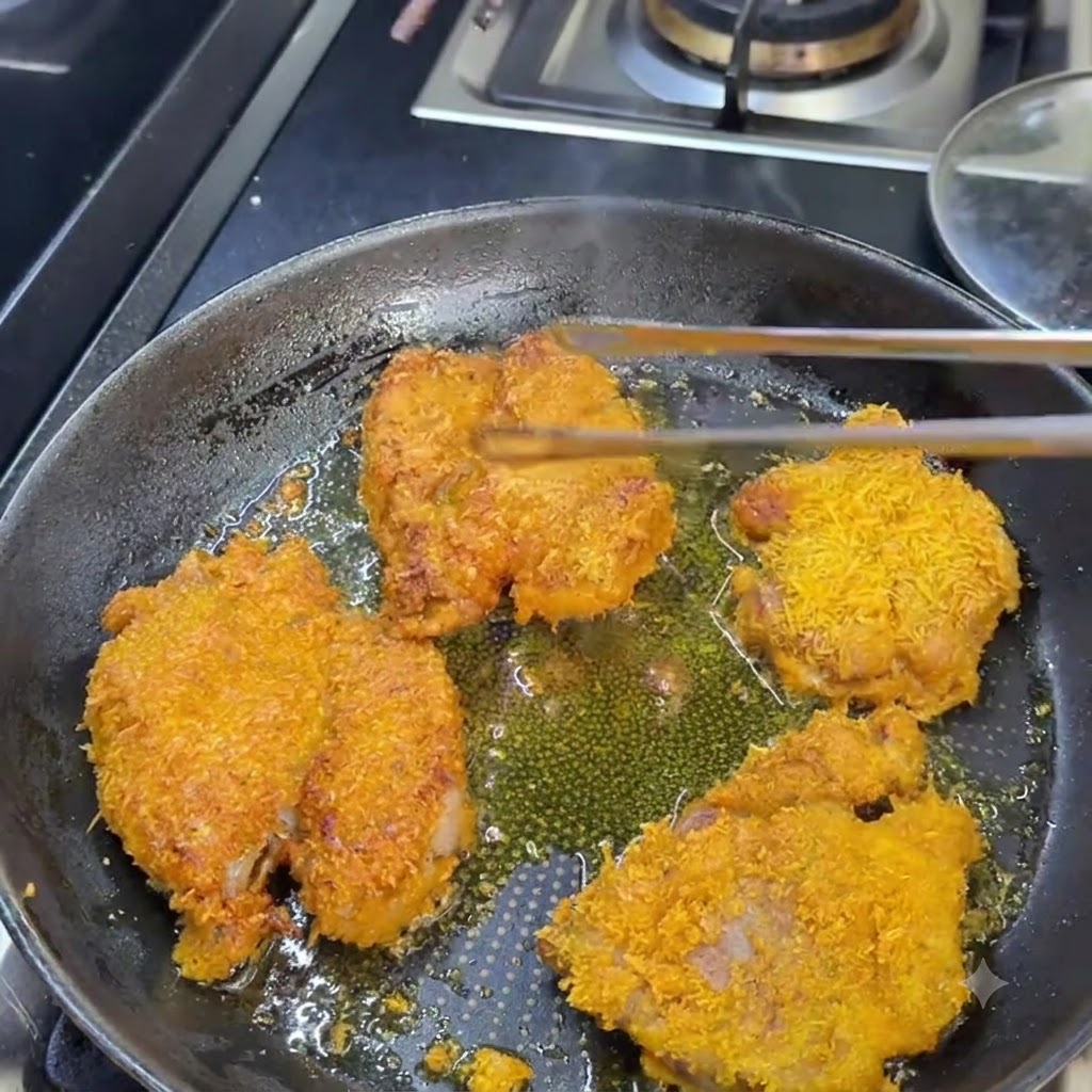 Milanesas de cerdo fritas en una sartén siendo probadas en su punto de cocción con palillos.