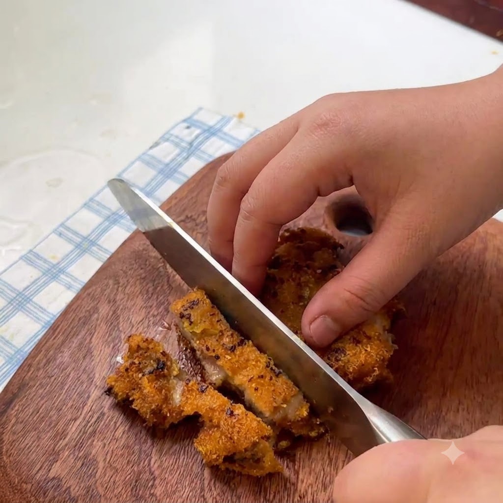 Una chuleta de cerdo frita y crujiente siendo cortada en trozos del tamaño de un bocado sobre una tabla de cortar.