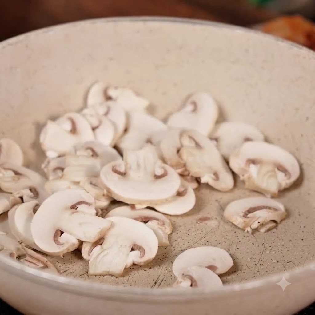 Champiñones cortados en rodajas siendo arrojados a una sartén que contiene rodajas de panceta de cerdo blanqueada y kimchi picante.