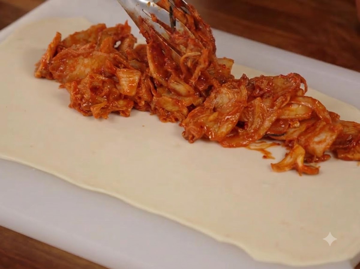 Relleno cocinado de kimchi y cerdo siendo colocado con una cuchara sobre una hoja de masa estirada en rectángulo en una tabla de cortar blanca.