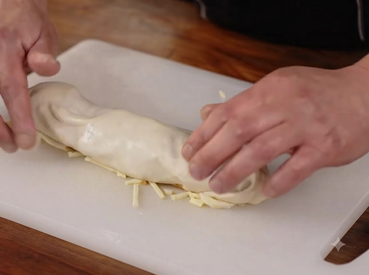 Manos enrollando la masa sobre el relleno formando un cilindro y sellando los bordes en una tabla de cortar blanca.