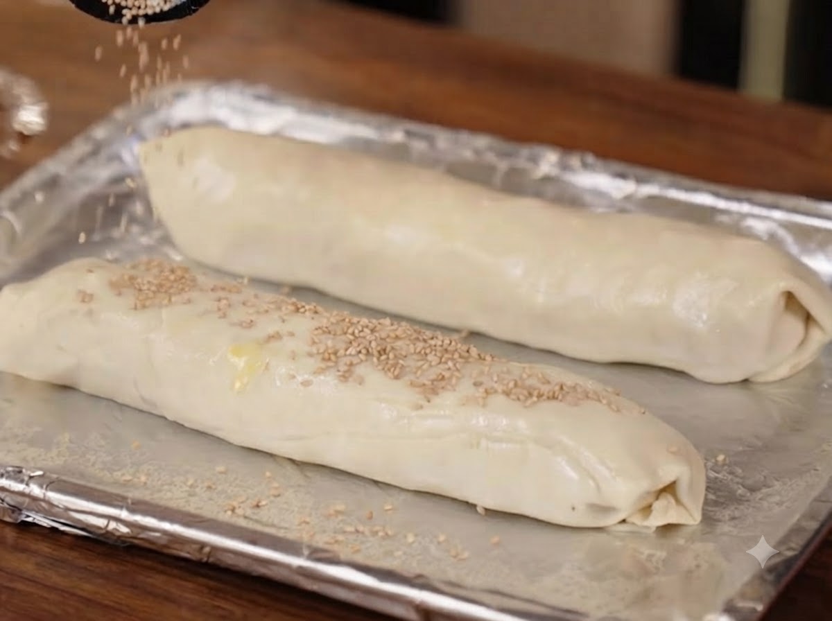 Dos cilindros de masa enrollada descansando sobre una bandeja de horno plateada con semillas de sésamo siendo espolvoreadas sobre ellos.