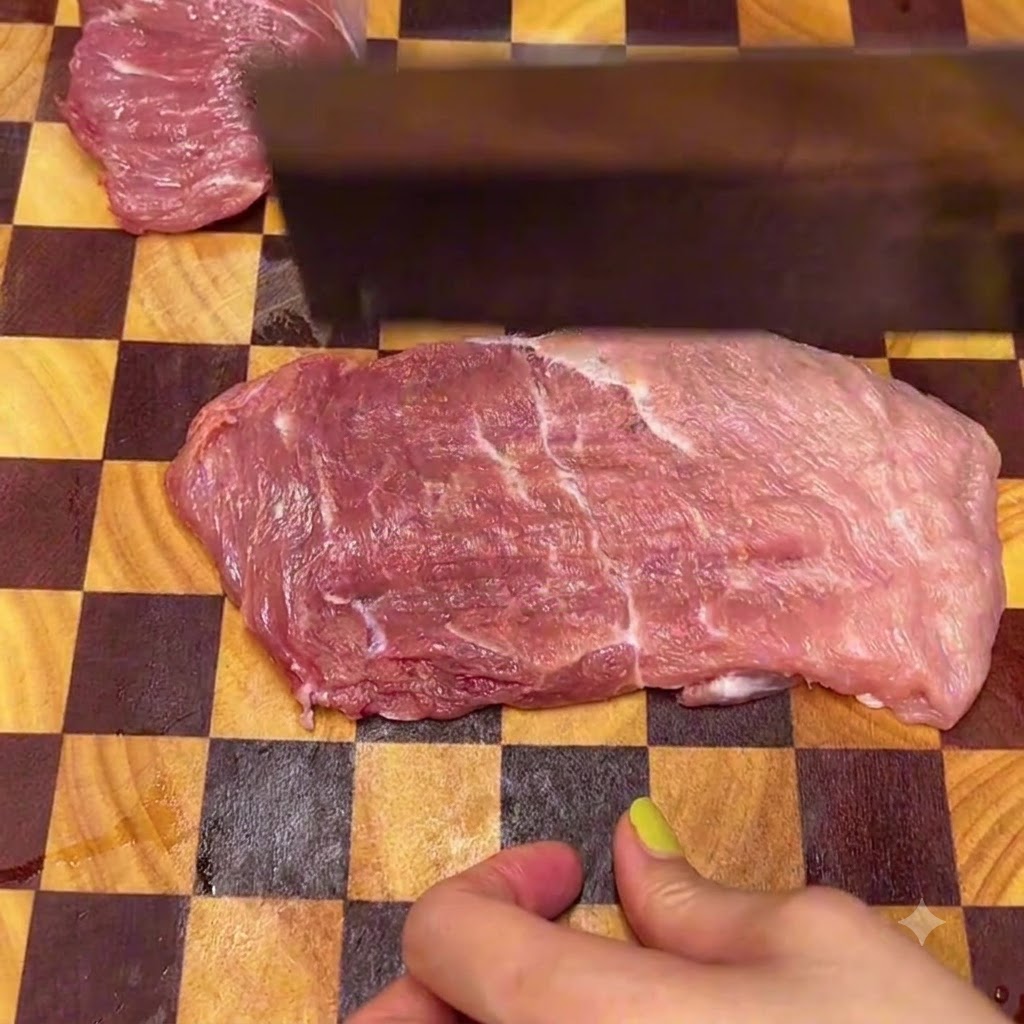 Chuletas de cerdo reposando en un bol de mezcla de metal con rodajas de jengibre fresco antes de marinar.