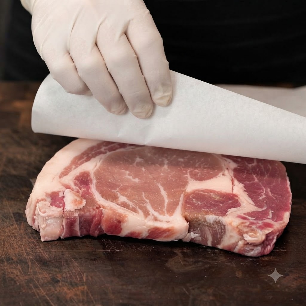 Una mano con guante frotando sal marina y pimienta negra en un filete de ribeye crudo sobre una tabla de cortar de madera.