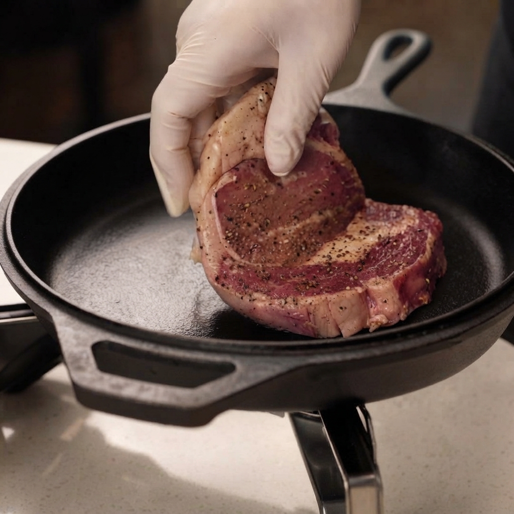 Un filete de ribeye sazonado colocándose en una sartén de hierro fundido caliente.