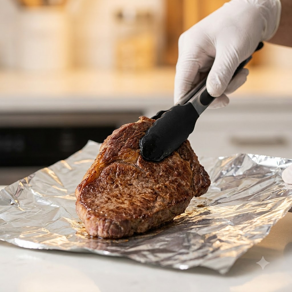 Un filete de ribeye cocido siendo levantado con pinzas hacia papel de aluminio.