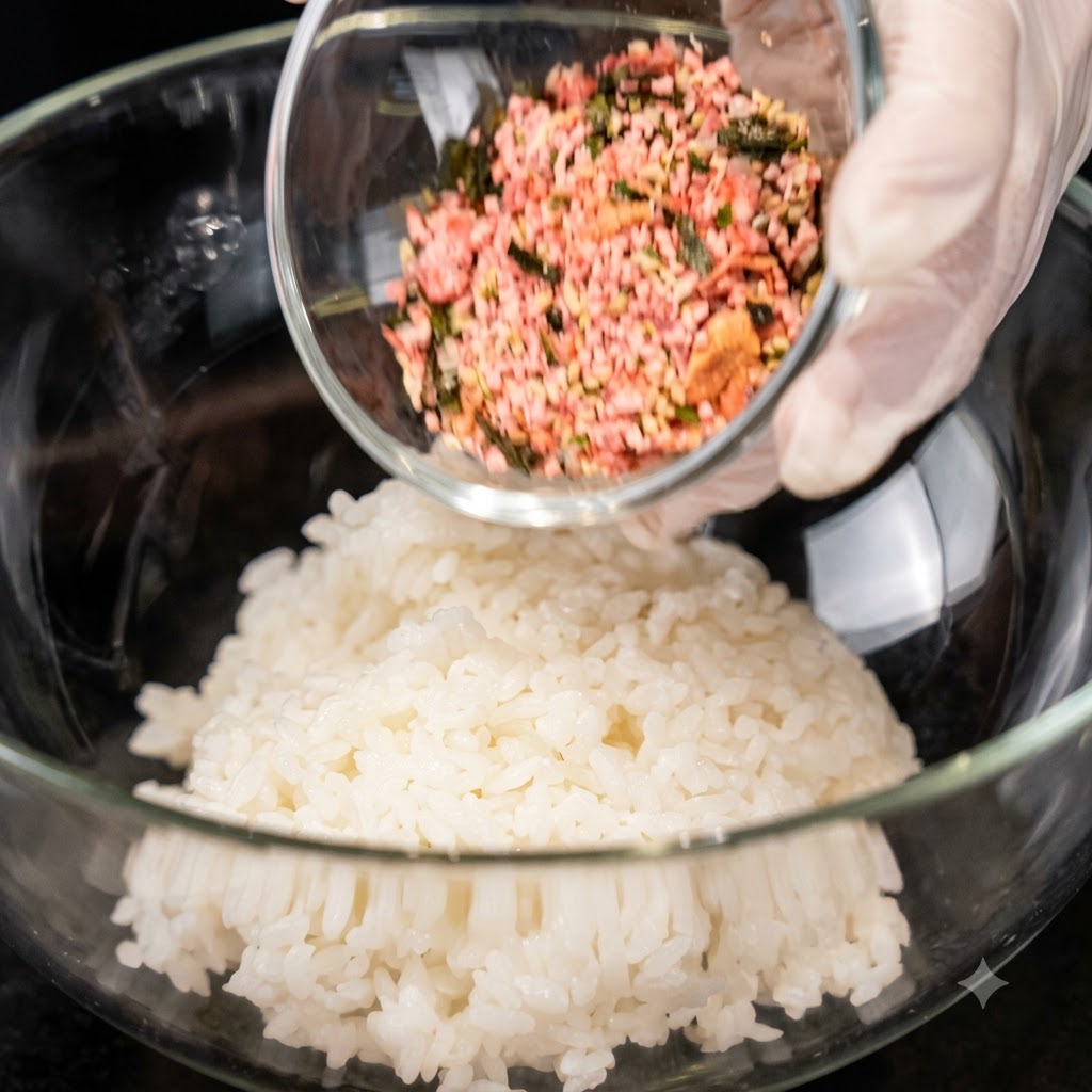 Hojuelas de alga nori vertiéndose desde un tazón de vidrio sobre un tazón de arroz blanco.