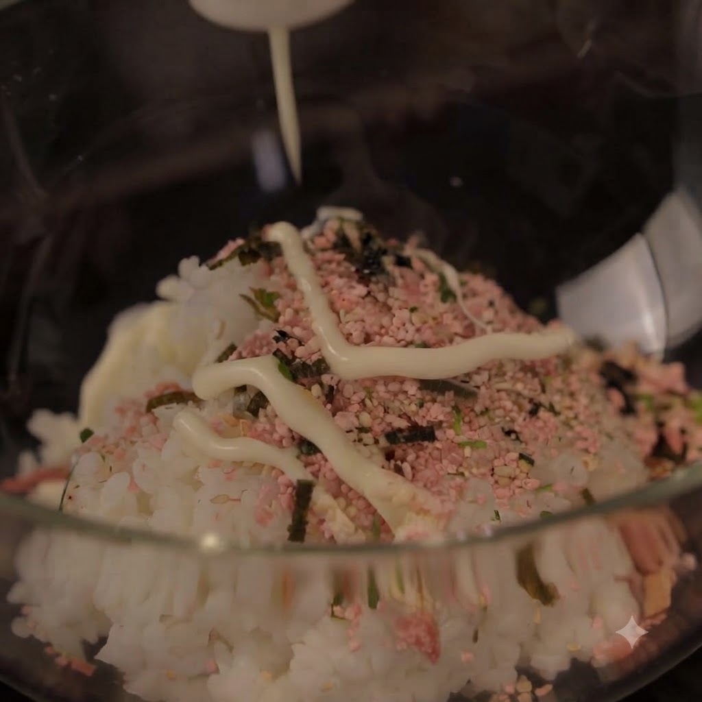 Mayonesa aplicada en forma de zig-zag sobre arroz sazonado en un tazón transparente.