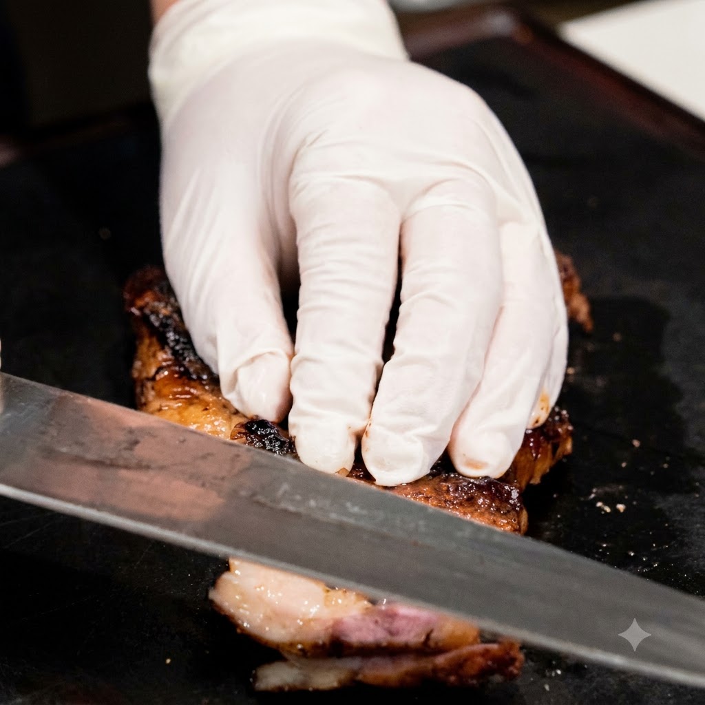 Una mano con guante sosteniendo un filete cocido firme mientras lo corta con un cuchillo de chef afilado sobre una tabla oscura.