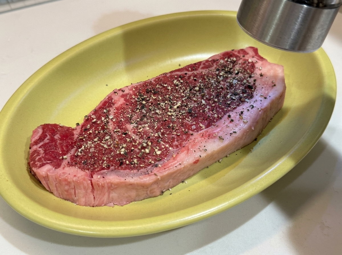 Un filete crudo de corte grueso en un plato amarillo siendo sazonado con pimienta negra recién molida.