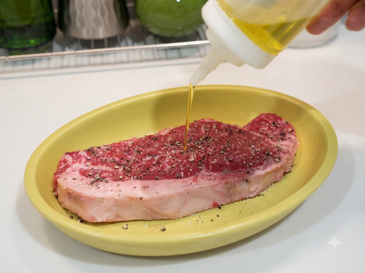 Aceite de oliva siendo rociado sobre un filete crudo sazonado con sal y pimienta negra en un plato amarillo.