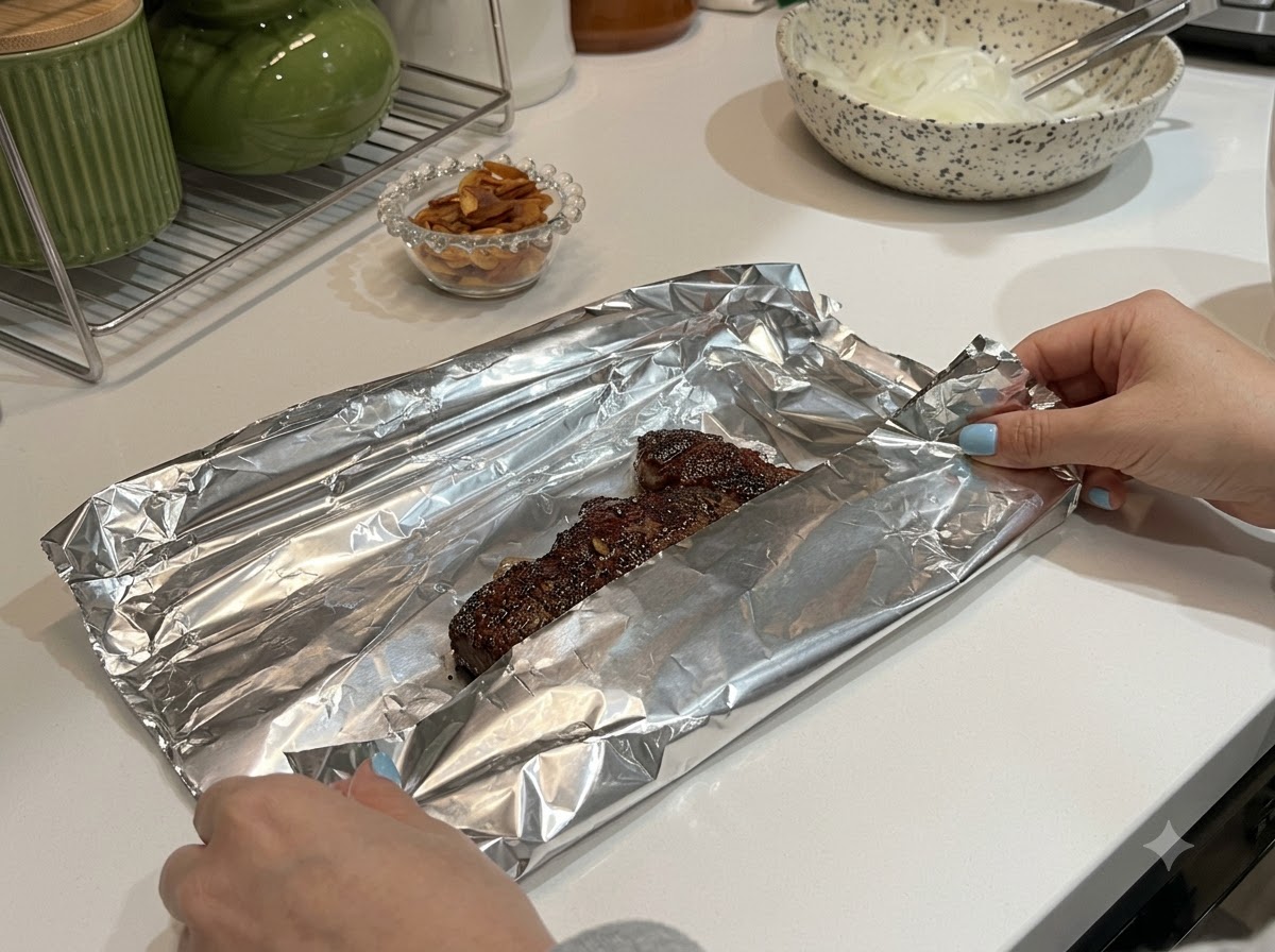 Un filete sellado siendo envuelto dentro de papel de aluminio en una encimera de cocina.