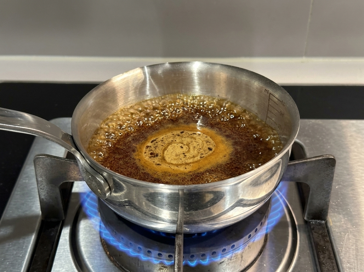 Salsa teriyaki hirviendo y espesando en una cacerola.