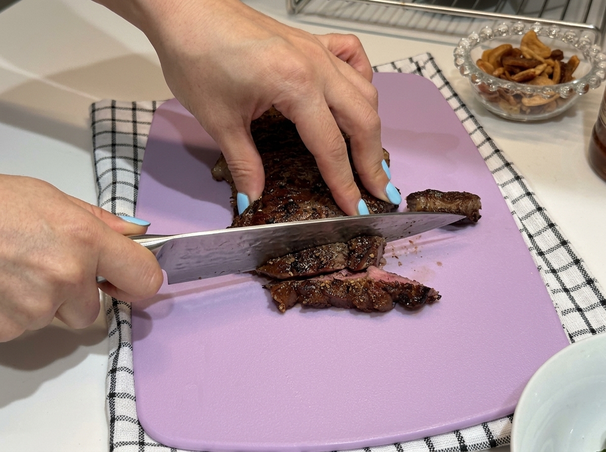 Filete siendo cortado en una tabla de cortar morada.