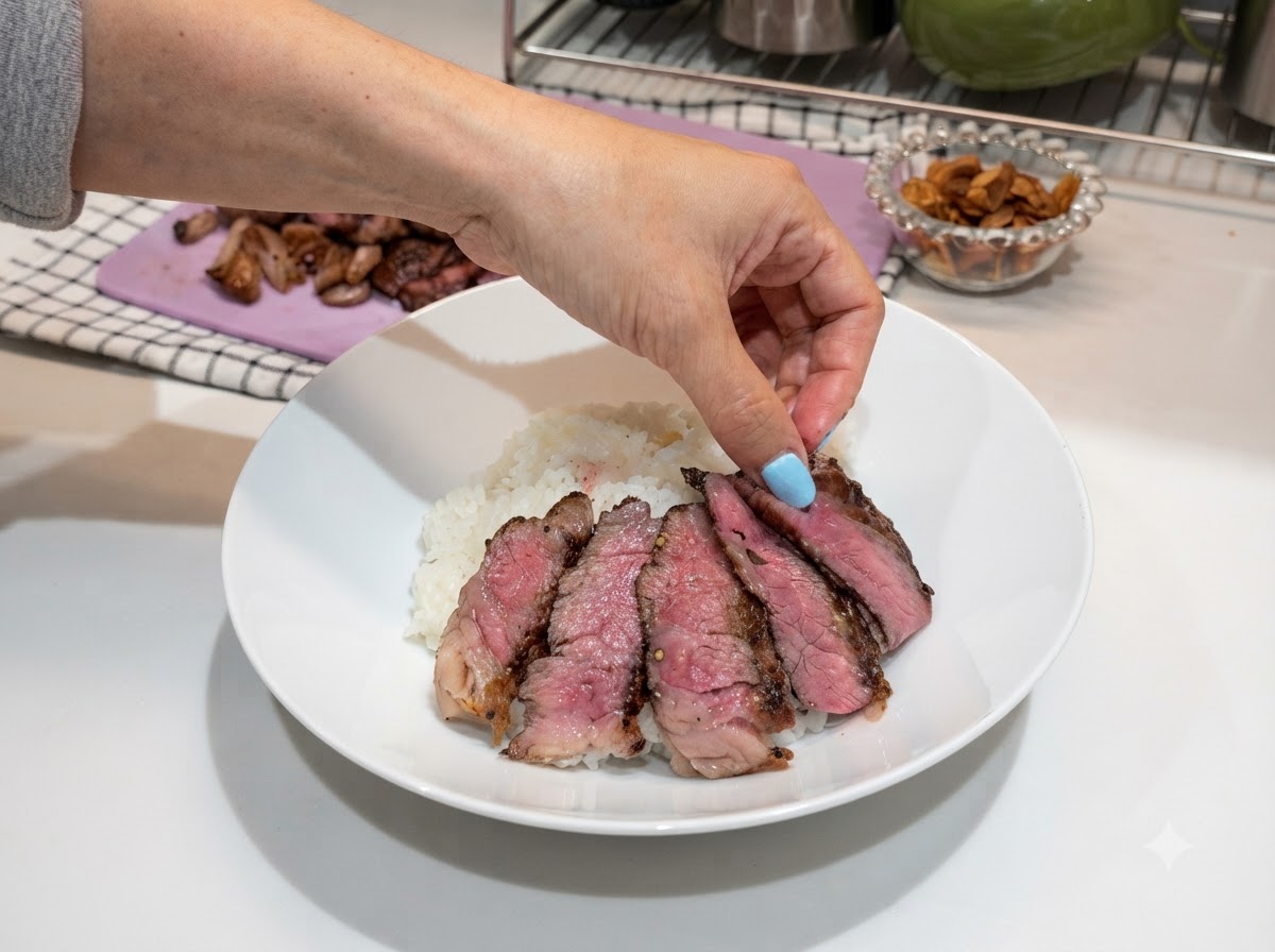 Filete cortado dispuesto ordenadamente sobre arroz blanco en un bol.