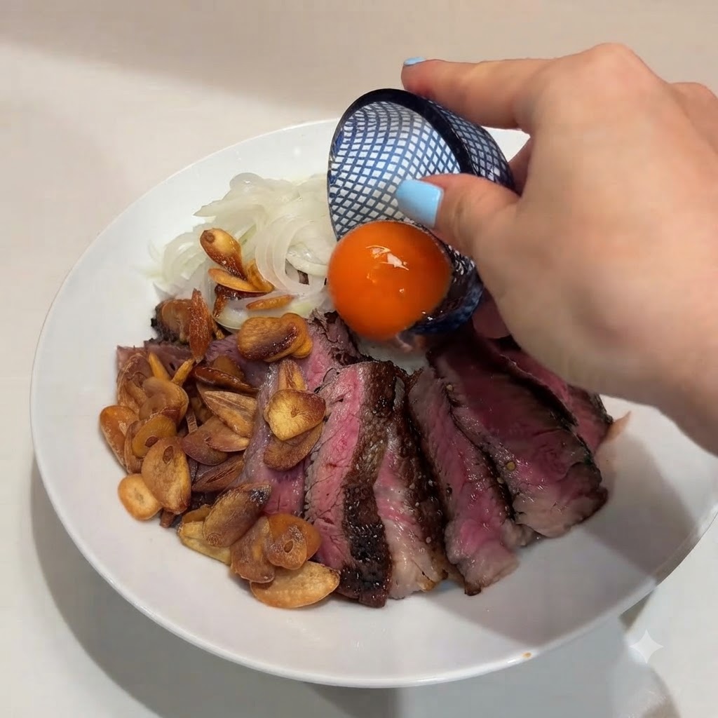 Una mano sosteniendo un pequeño recipiente oscuro, vertiendo una yema de huevo cruda de color naranja vibrante en el centro de un bol de filete y arroz.