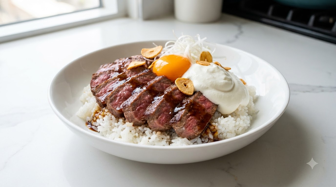 Bol de Arroz con Filete al Estilo Shibuya y Nata Montada