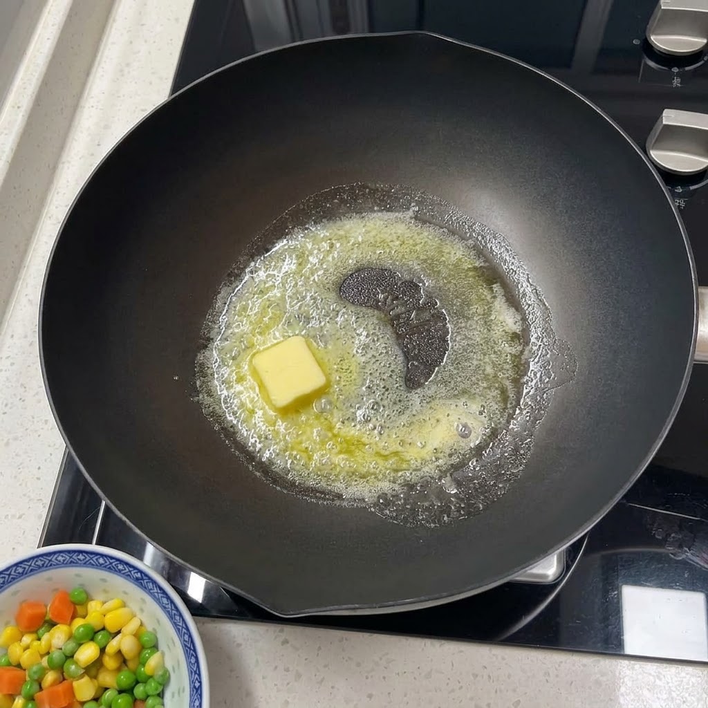 Mantequilla derritiéndose en una sartén caliente y siendo esparcida con una espátula de madera.