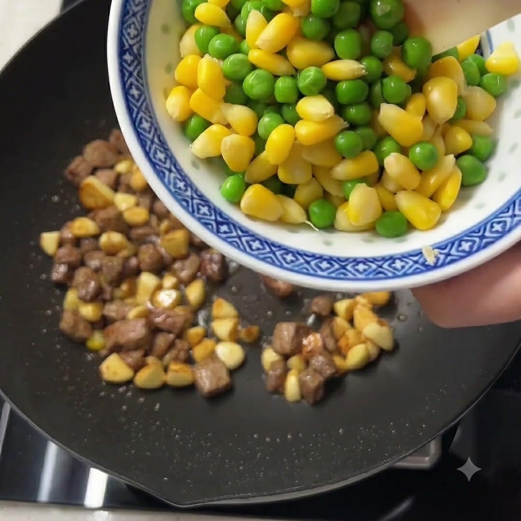 Guisantes verdes y granos de maíz amarillo siendo vertidos desde un tazón estampado en una sartén con ternera cocida y ajo.