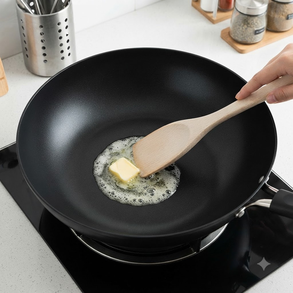 Arroz blanco sobrante siendo añadido a un wok con mantequilla derretida burbujeante y revuelto con una espátula de madera.