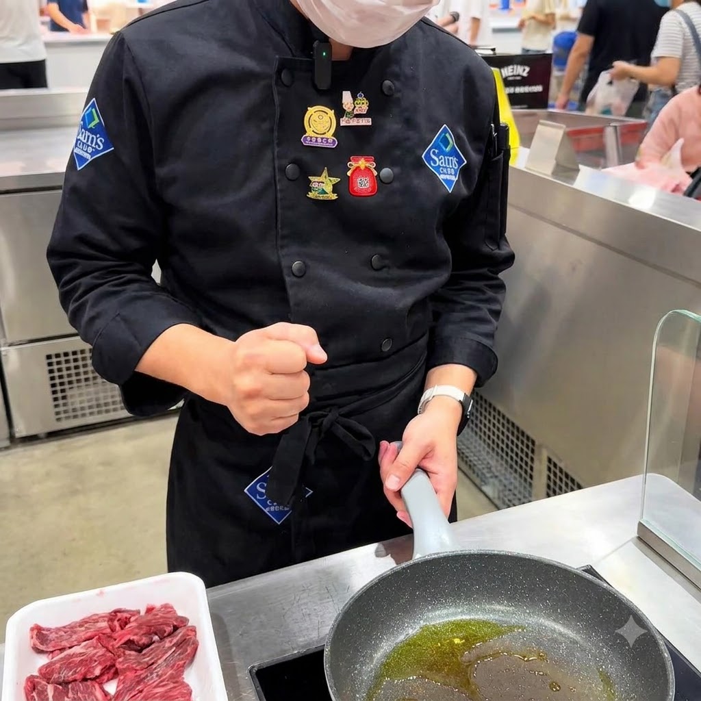 Trozos de bistec de falda crudos siendo añadidos a una sartén aceitada y caliente.