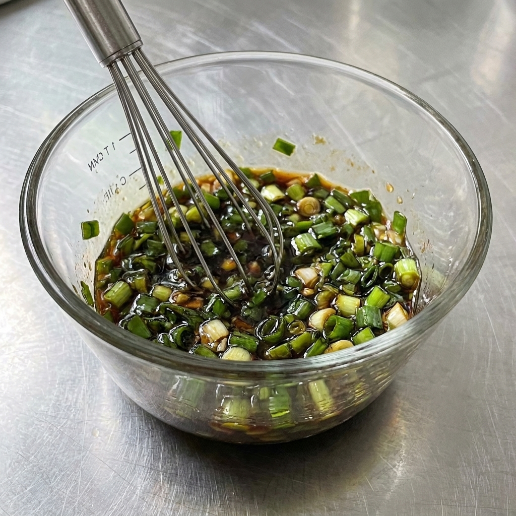 Salsa de ajo y cebollino cocinándose dentro de una sartén caliente.