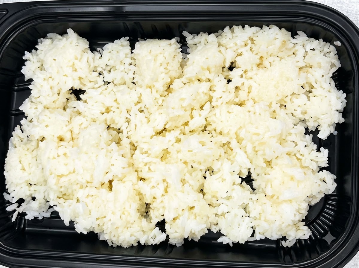 Cuchara vertiendo salsa de ajo sobre una cama de arroz blanco en un recipiente negro.