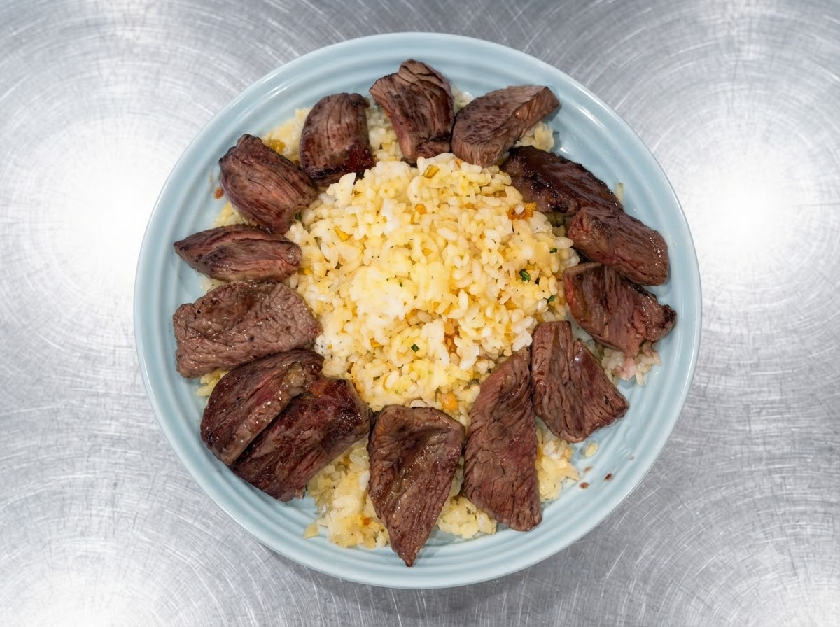 Un huevo frito cocido siendo colocado encima del ensamblaje de bistec y arroz usando una espátula.