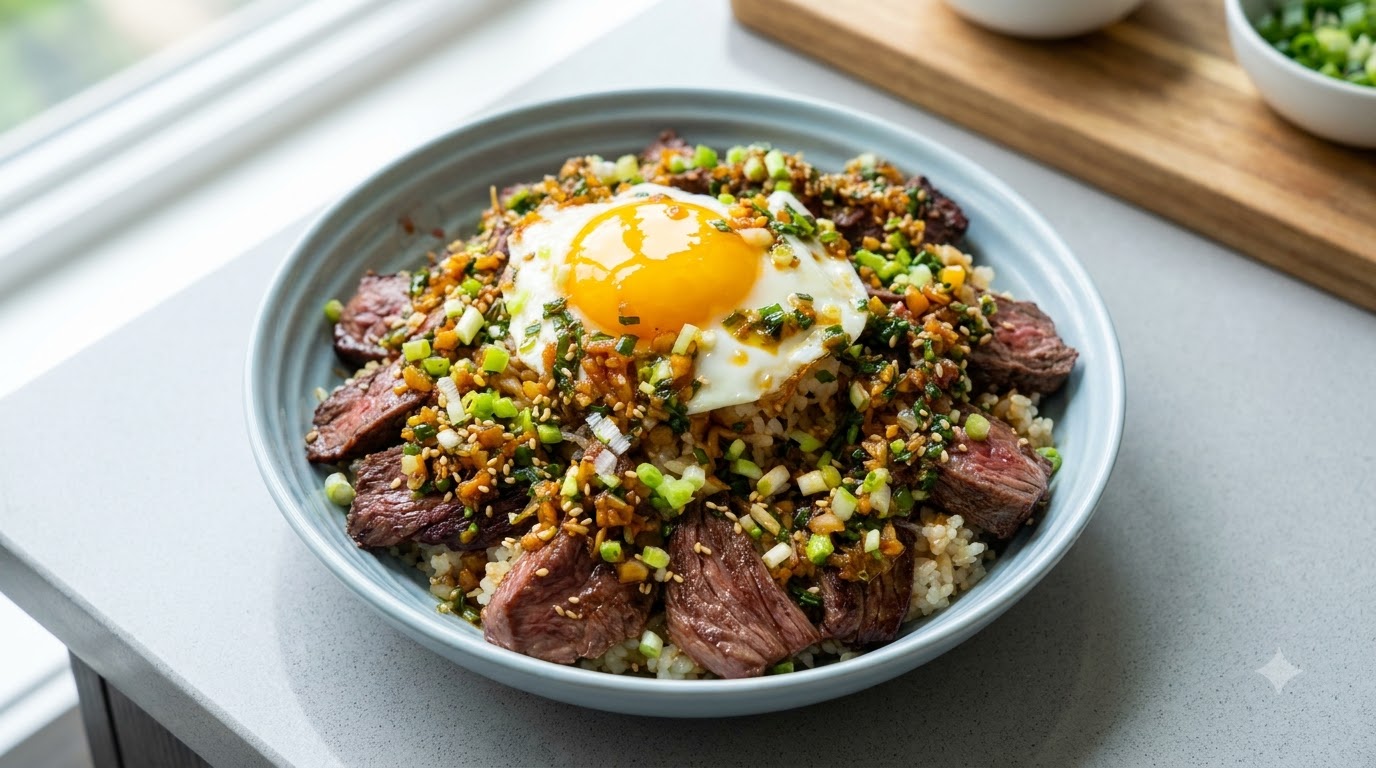 Tazón de Arroz con Bistec a la Mantequilla de Ajo
