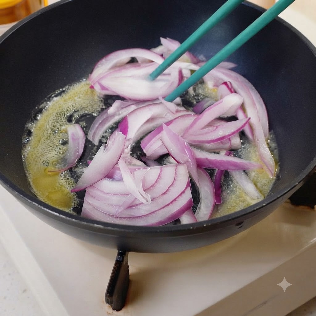 Rodajas de cebolla morada cocinándose en mantequilla derretida burbujeante dentro de una sartén negra.