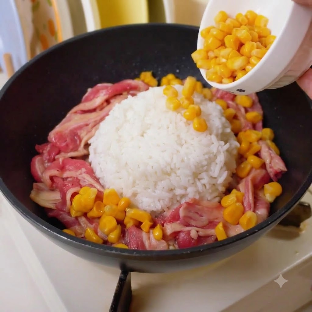 Granos de maíz amarillo vertidos desde un pequeño bol alrededor de la ternera y el arroz.
