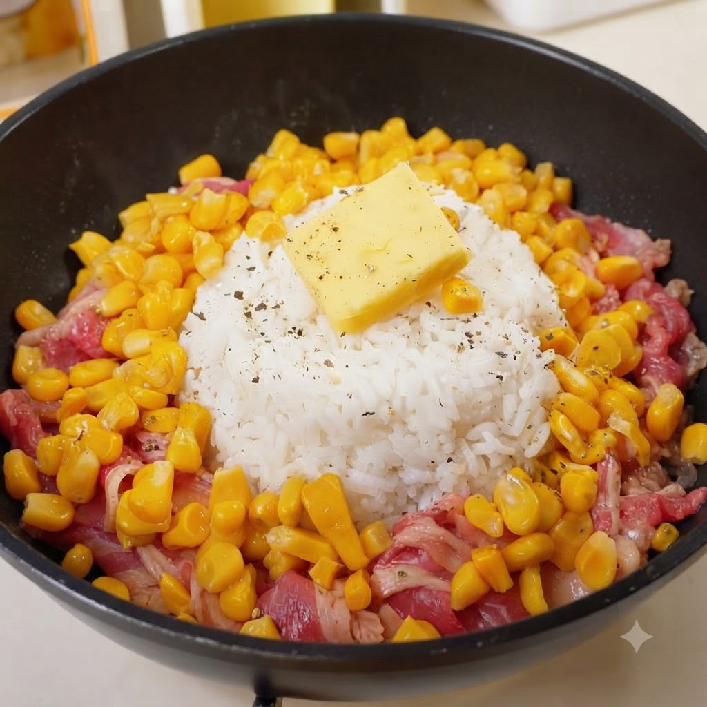 Una porción de mantequilla y pimienta negra sazonando la parte superior de la cúpula de arroz blanco.