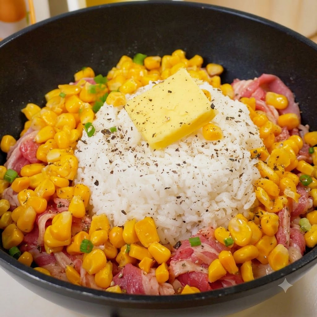 Cebolleta picada esparcida sobre el montículo de arroz, la mantequilla y la ternera cruda en la sartén.