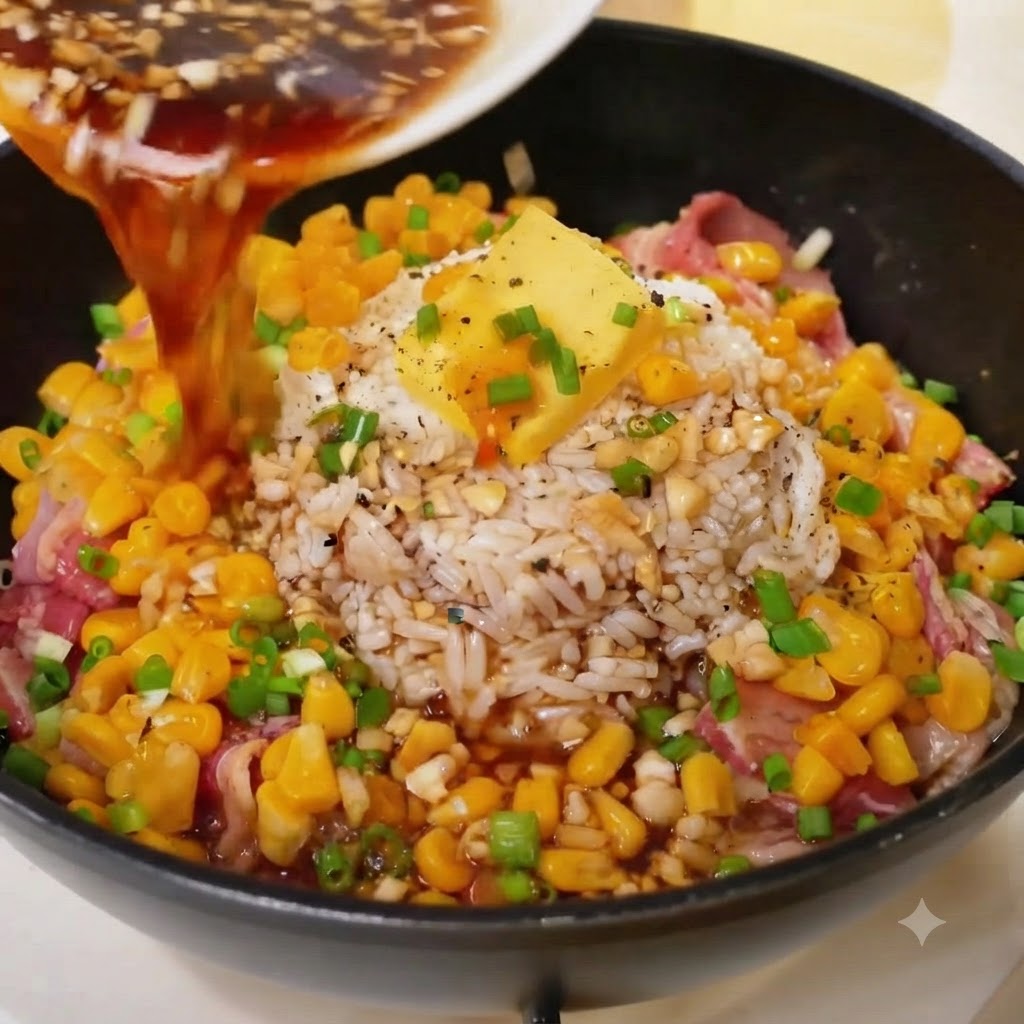 Salsa oscura vertida desde un plato blanco sobre el arroz, la mantequilla, el maíz y la ternera en la sartén negra.