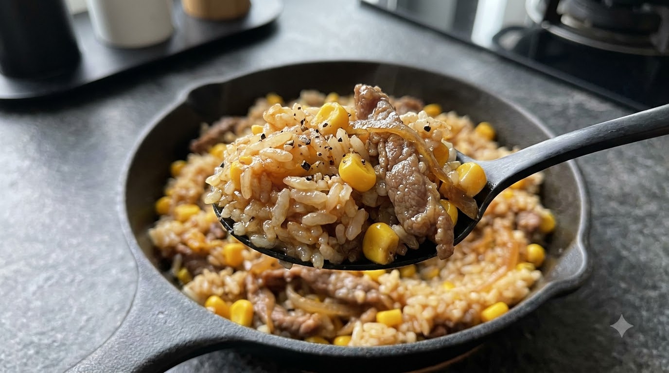 Un primer plano de una cucharada de arroz con ternera mezclado con granos de maíz, mantequilla y pimienta negra sobre una sartén.