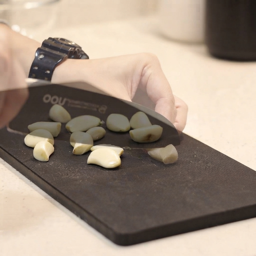 Una persona usando un cuchillo de cocina para cortar por la mitad los dientes de ajo pelados sobre una tabla de cortar negra.