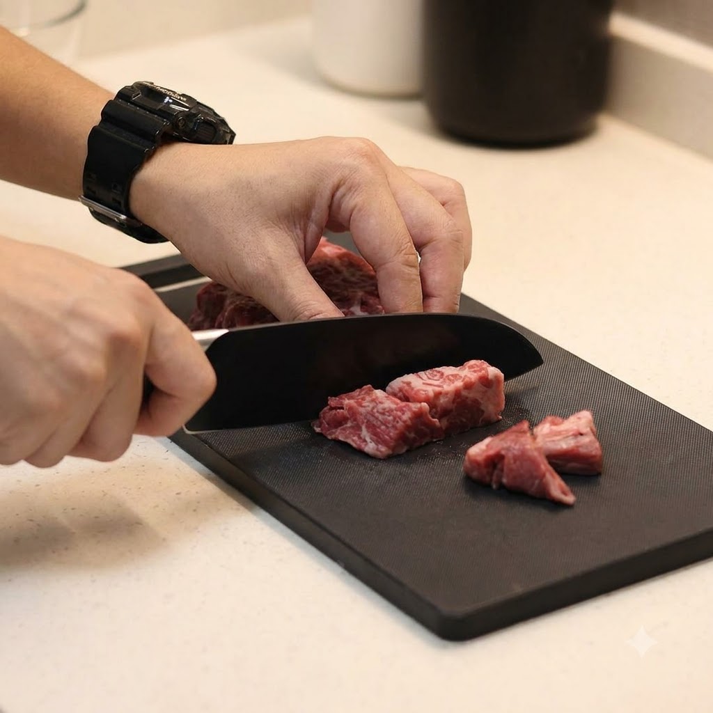 Manos usando un cuchillo grande para cortar un trozo grueso de carne cruda en cubos pequeños sobre una tabla de cortar negra.