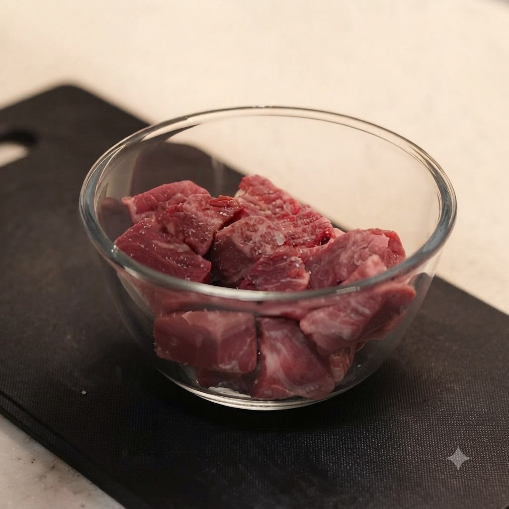 Carne cruda en dados en un pequeño bol de cristal, sazonada con sal marina gruesa.
