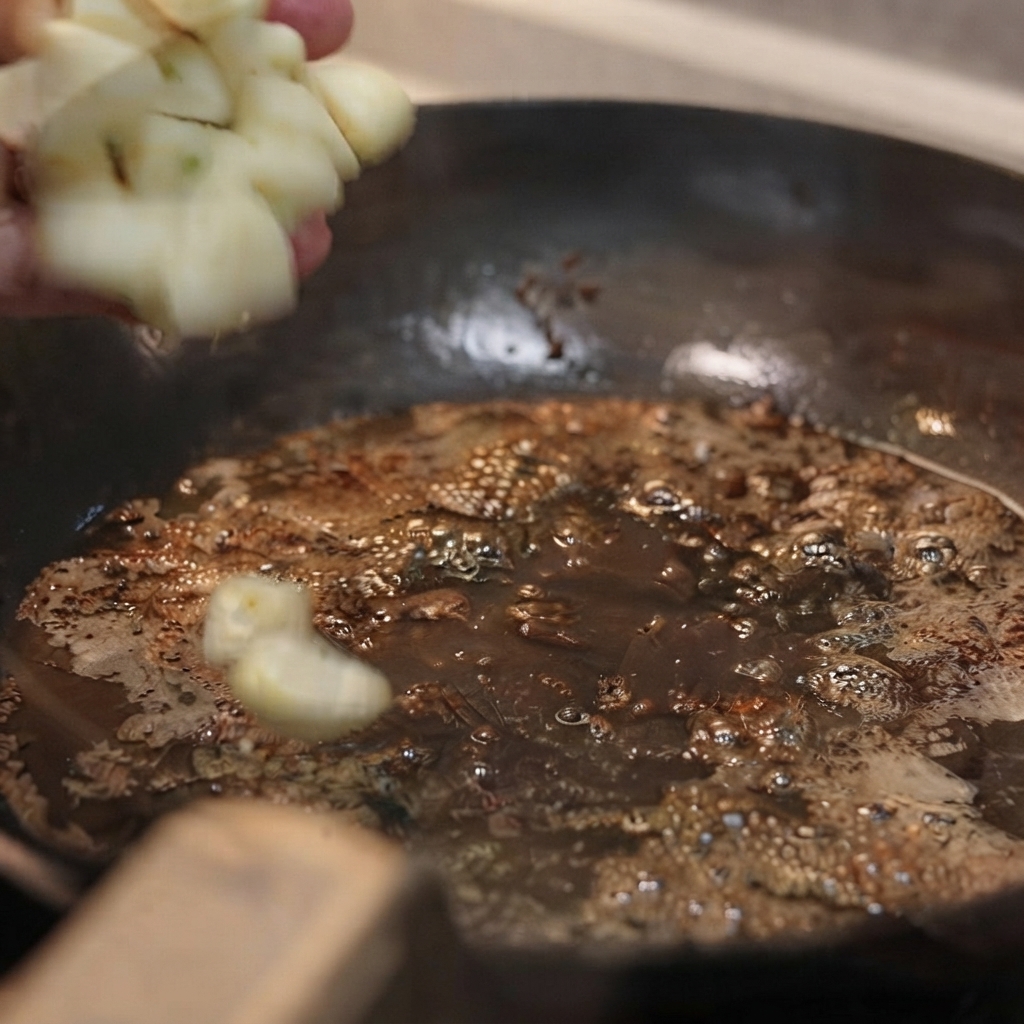 Dientes de ajo salteándose en una sartén caliente con la mantequilla y los jugos sobrantes.