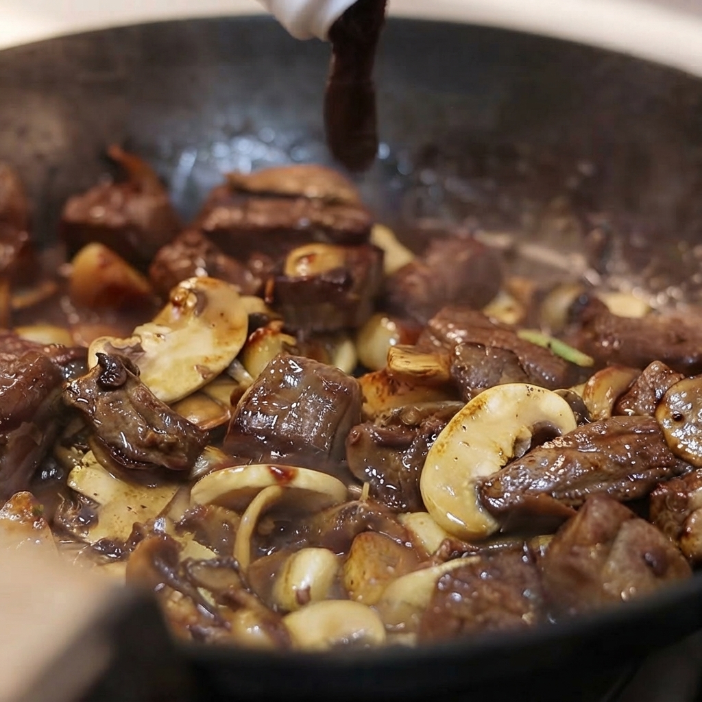 Salsa oscura de pimienta negra vertiéndose de una botella en una sartén llena de carne, champiñones y ajo salteados.
