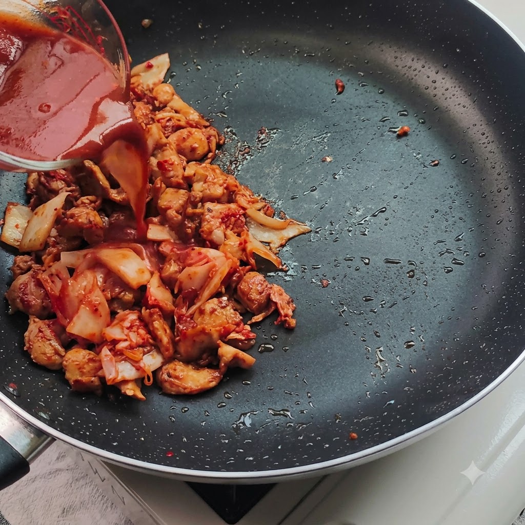 Salsa roja siendo vertida desde una taza medidora de vidrio en una sartén que contiene pollo y kimchi picado.