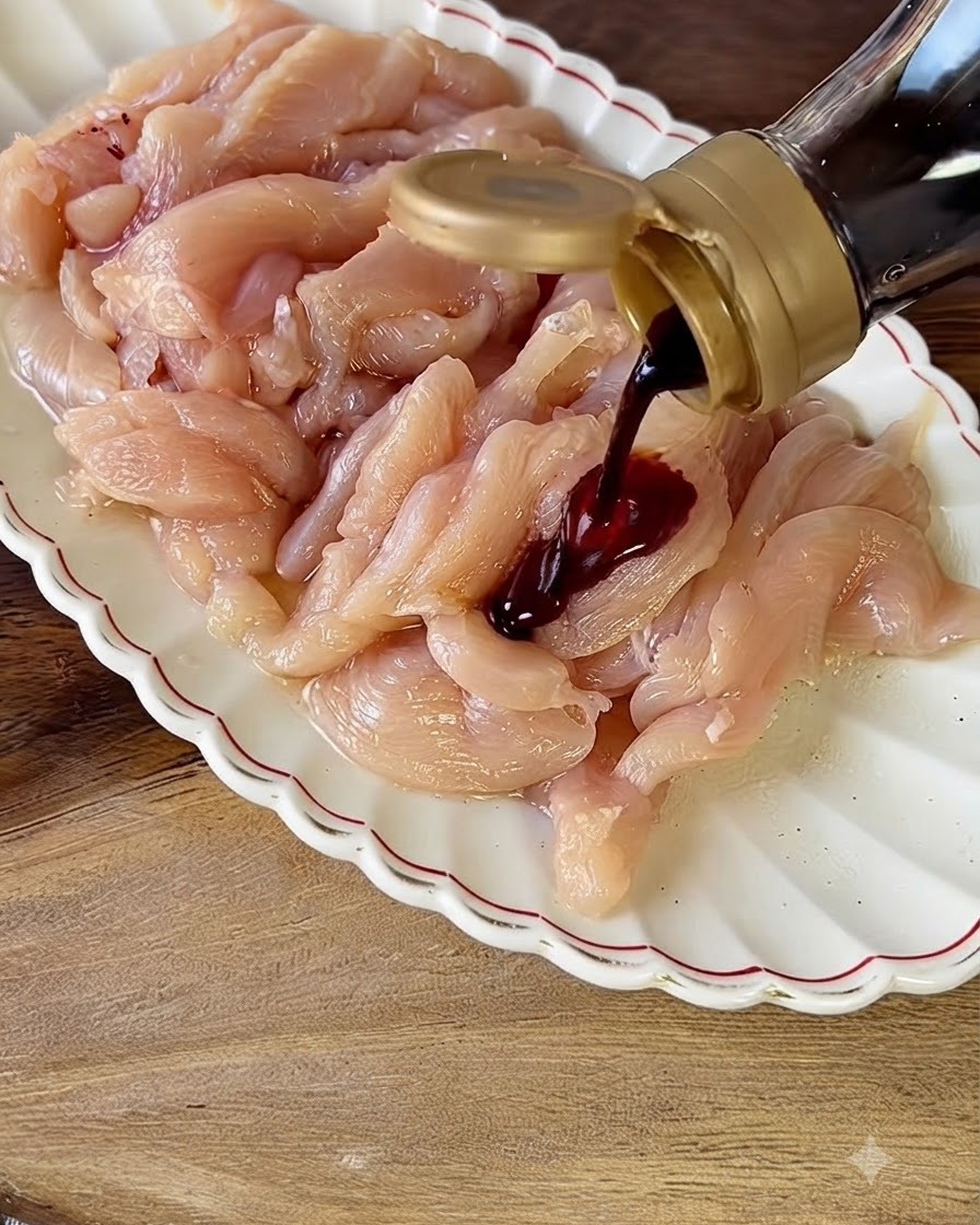 Salsa de soja oscura siendo vertida desde una botella sobre tiras de pechuga de pollo cruda en un plato blanco.
