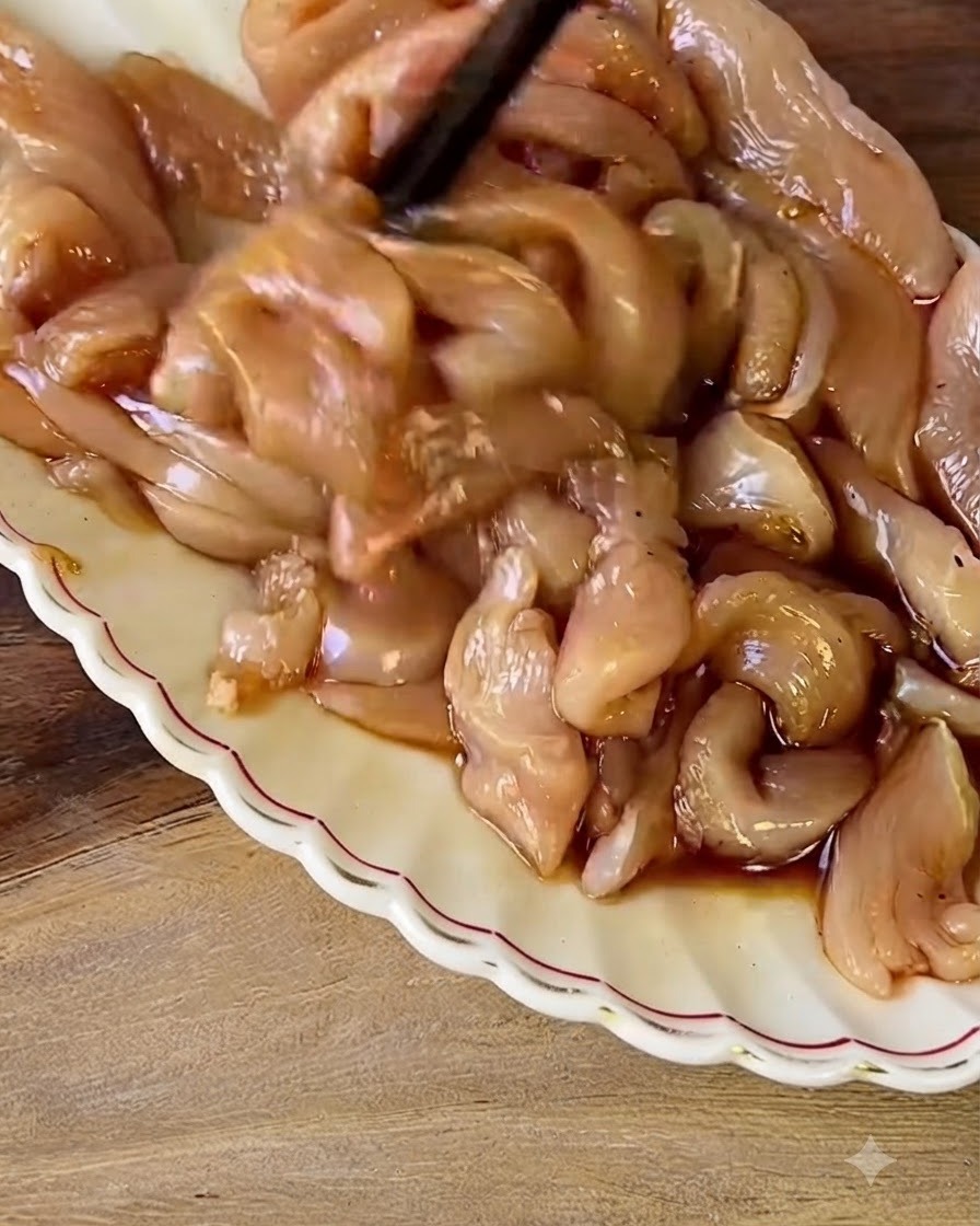 Palillos mezclando trozos de pollo crudo cubiertos con marinada en un plato blanco.
