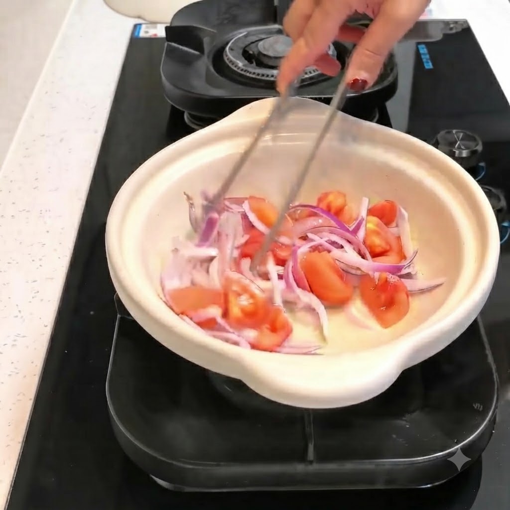 Kimchi y rodajas de ternera cruda mezclándose junto con cebollas y tomates dentro de una olla de cocina usando pinzas.