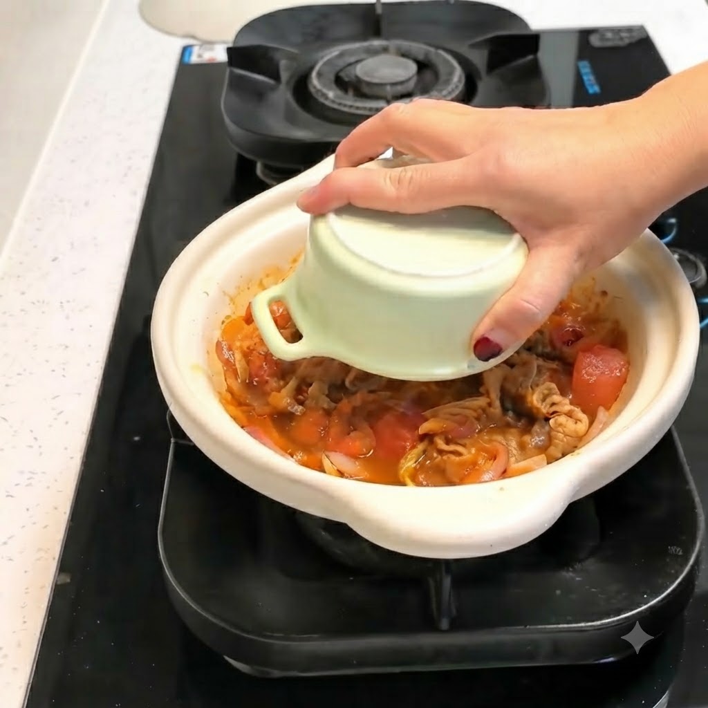 Un tazón de arroz siendo invertido y colocado en el centro de una olla de cocina llena con una mezcla sabrosa de ternera y kimchi.