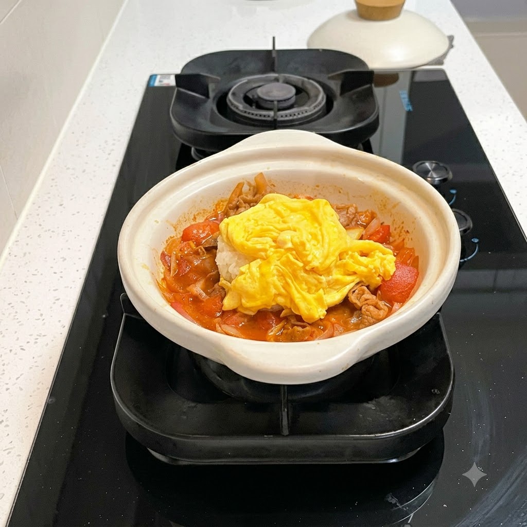 Huevos revueltos de color amarillo suave colocados ordenadamente sobre el arroz y los ingredientes estofados dentro de una olla de barro blanca.