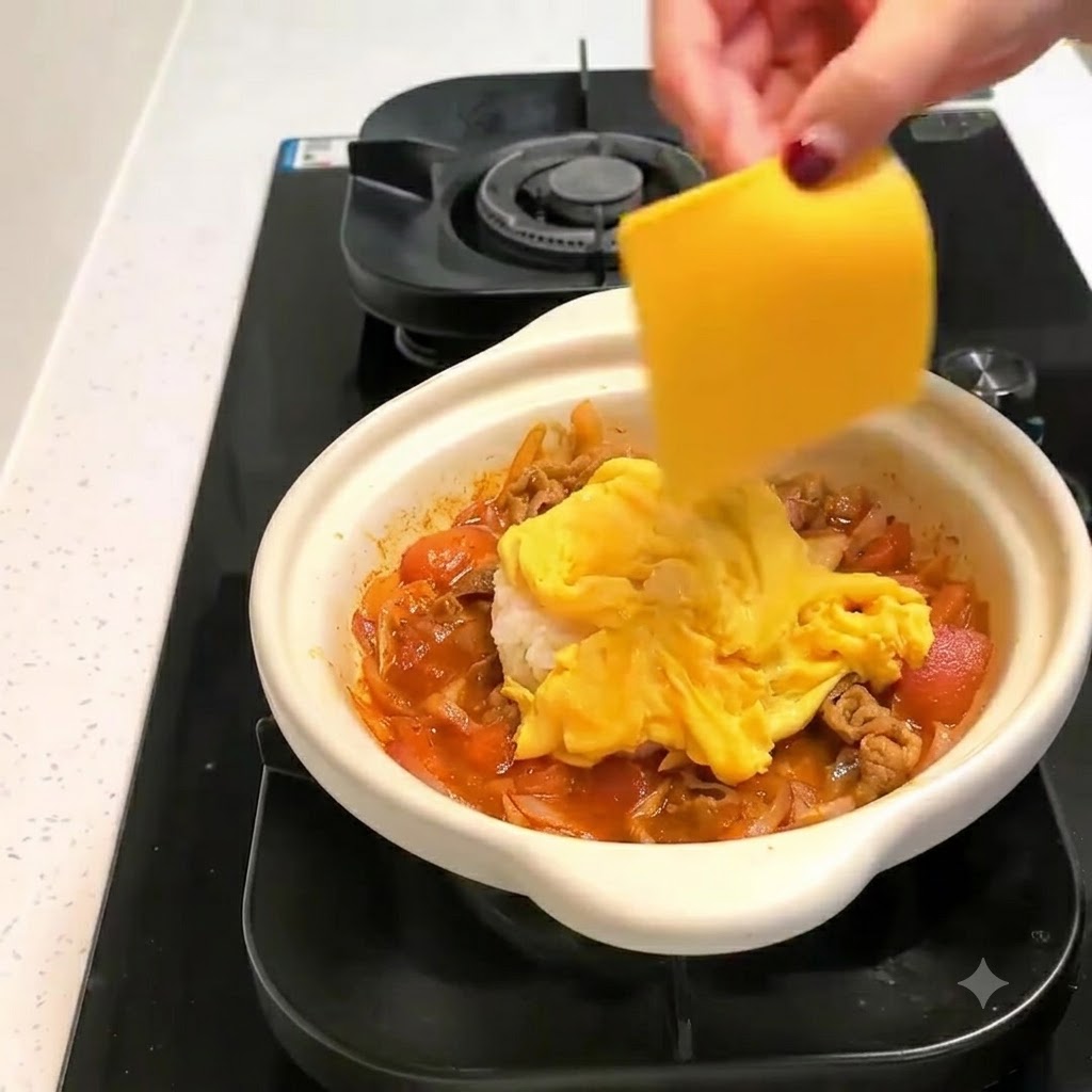 Dos rodajas de queso amarillo siendo colocadas sobre los huevos revueltos suaves en la olla de barro blanca.