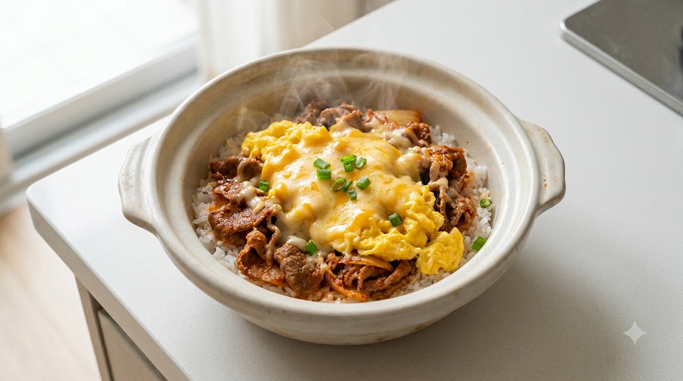 Tazón de Arroz con Ternera y Kimchi en 10 Minutos con Huevos Revueltos Cremosos