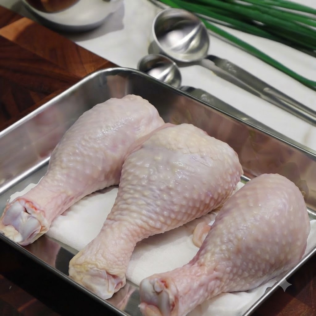 Muslos de pollo frescos reposando en una bandeja de acero inoxidable con utensilios de cocina cerca.