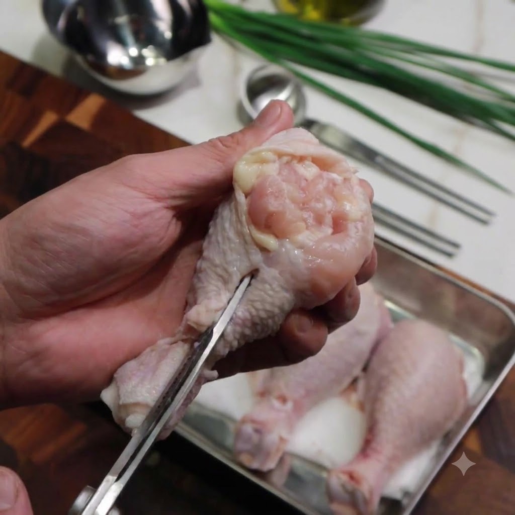 Manos usando tijeras de cocina para cortar a lo largo de un hueso de pollo para quitarlo.